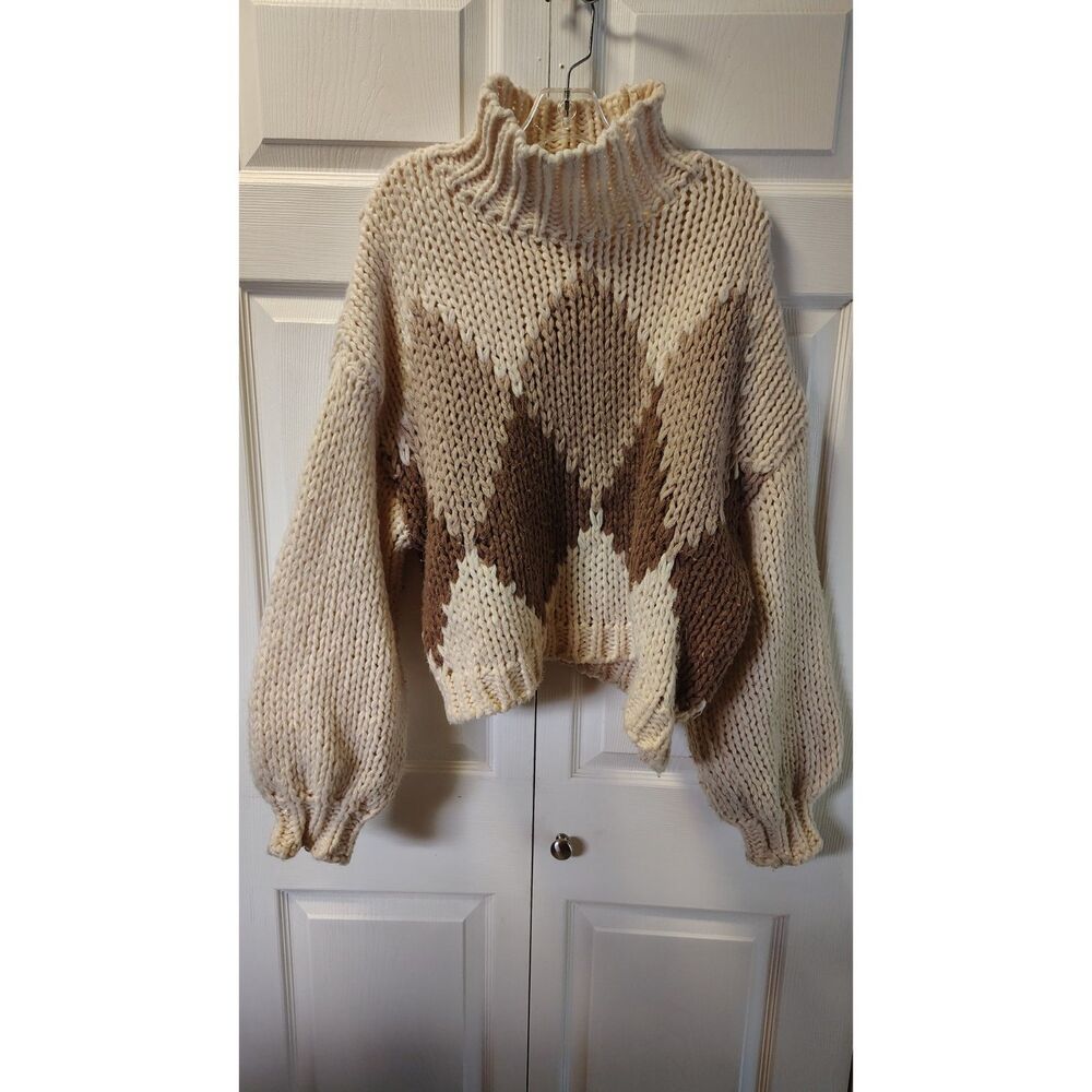 She + Sky Chunky Cable Knit Argyle Mock Neck Sweater Medium Large M/L Cream